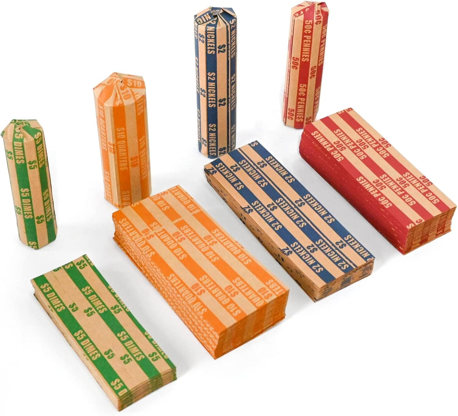 150 Assorted Bundle Flat Striped Coin Wrappers (50 Pennies, 50 Quarters, 25 Nick