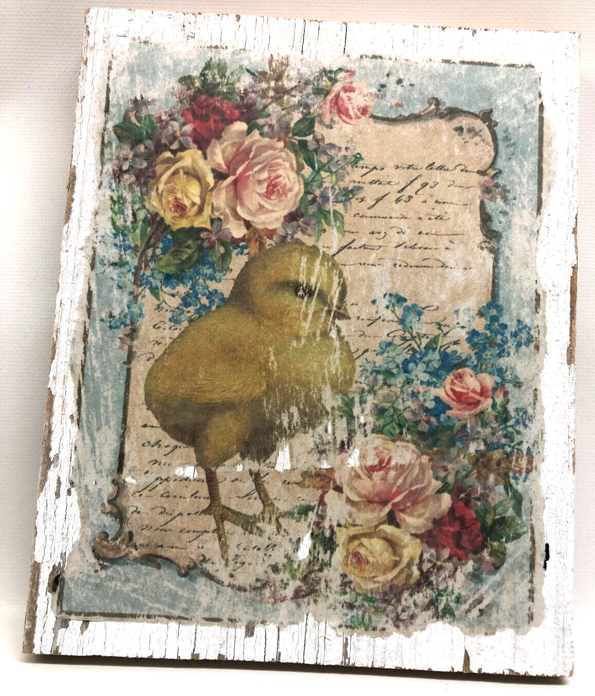 Primitive Style Easter Chick And Flower Scene On 7" x 9" Reclaimed Barn Wood