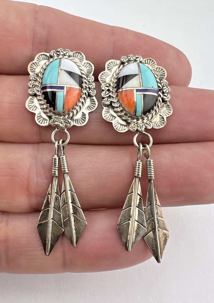 Vtg Navajo Sterling Silver Multi Gemstone Flush Inlay Dangle Post Earrings 2"