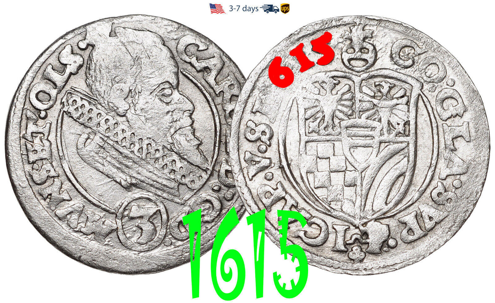 GERMAN Prussia 3 Kreuzer 1615,  Silver Coin #31053