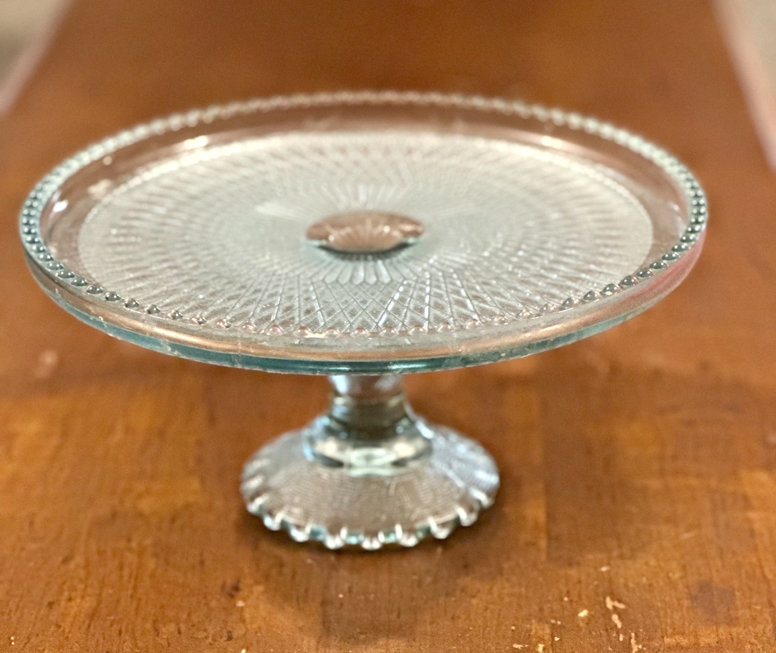 Vintage Jeannette Glass Ice Blue Cake Stand Harp Pattern 10x5 Pedestal Plate