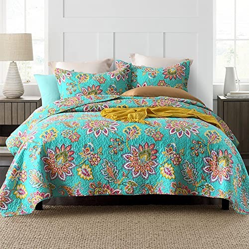 Cotton Bedspread Bedding Coverlet Quilt Queen Vintage Turquoise Paisley Floral