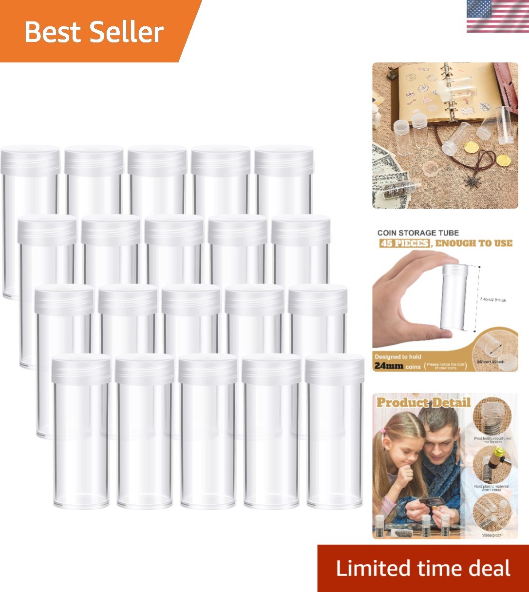 Durable 45 Pcs Quarter Coin Tubes with Rotatable Lid - Ideal for Collectors