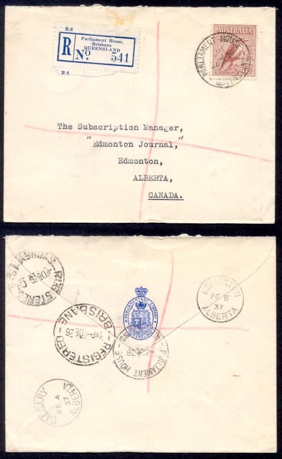 AUSTRALIA 1936 6D KOOKABURA SINGLE REG TO CANADA 2 MONTHS TRANSIT