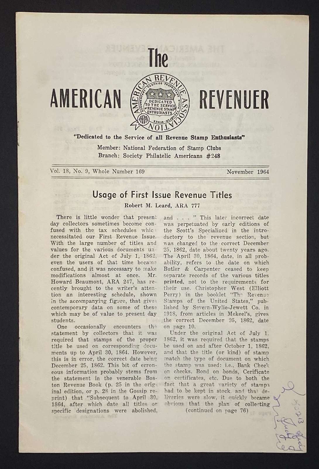 The American Revenuer Volume 18 No 9  Whole No 169  November 1964 Stamp Ephemera