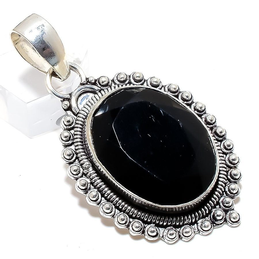 Natural Black Onyx Gemstone 925 Sterling Silver Pendant 2.2" K784