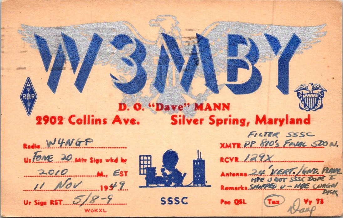 HAM RADIO QSL CARDS STAMPED W3MBY SILVER SPRING MARYLAND USA 1949 SILVER EAGLE