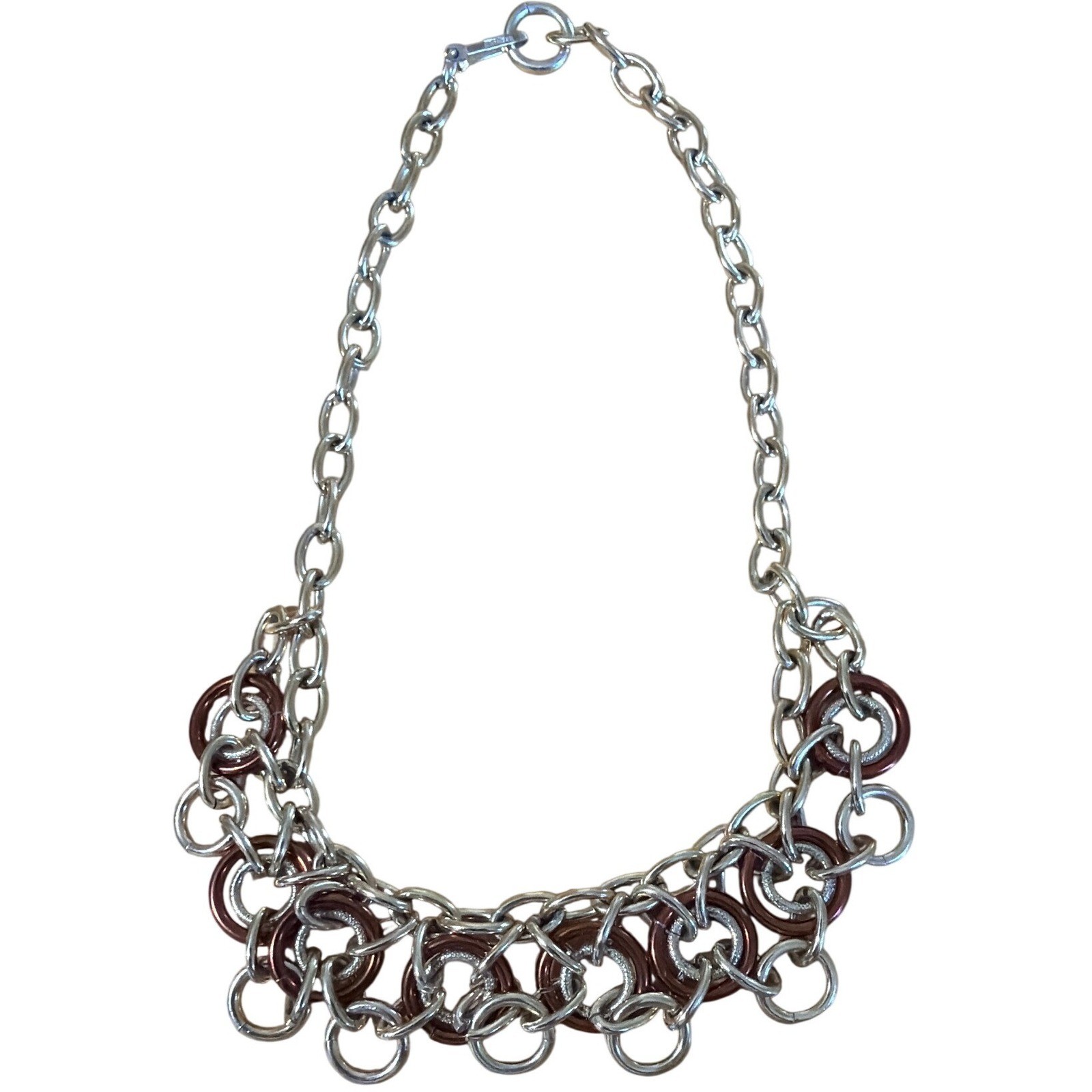 Chunky Silver and Copper Tone Interlocking Ring Statement Bib Necklace Unique