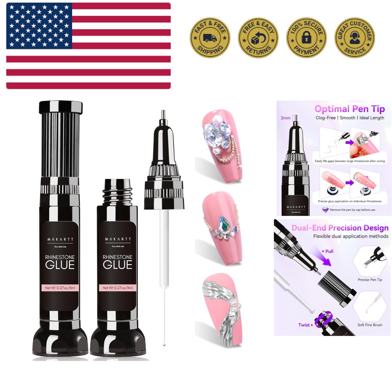 Nail Rhinestone Glue Gel, Upgrade Gel Nail Glue with Brush Pen Tip Super Stro...