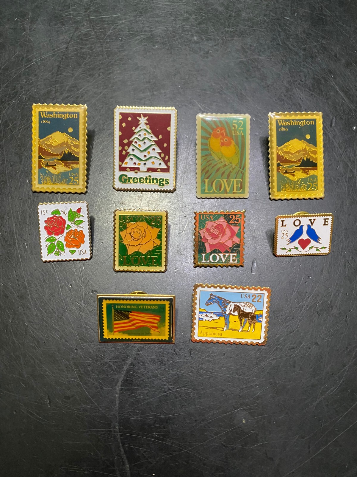 USPS Postage Stamp Enamel Lapel Pin Lot of 10 - Love, Horses, Flag, Birds, Etc