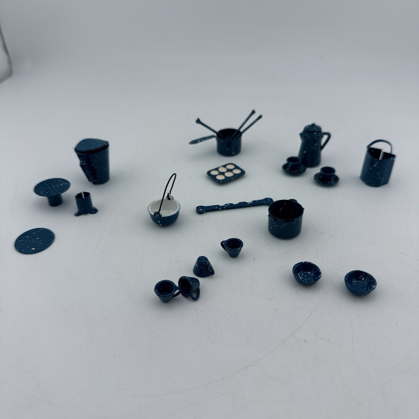 Miniature Dollhouse Blue Enamel Spatterware Metal Coffee Tea Pot Cups Kettle Etc