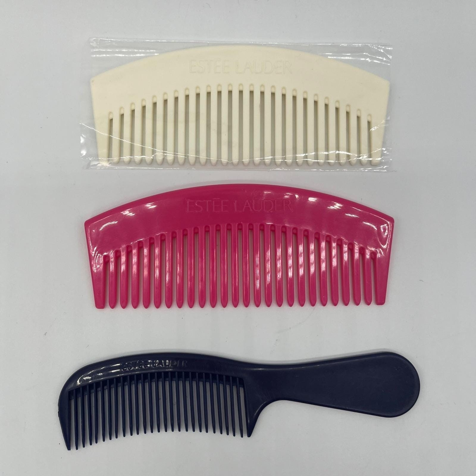 Vtg Estee Lauder Hair Combs Set 3 White Pink Navy Blue Travel Purse Wide Tooth