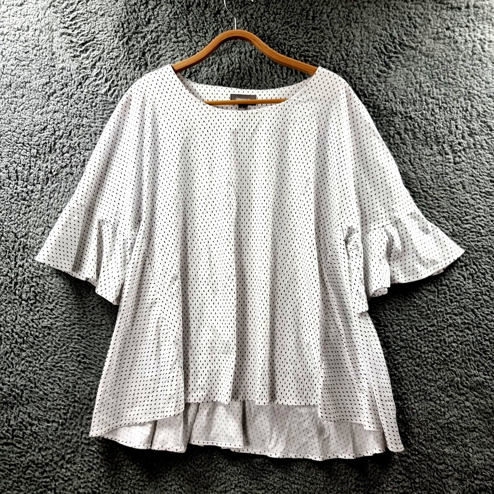 Sussan Womens Blouse Tunic Top Size L White Black Short Sleeve Round Neck