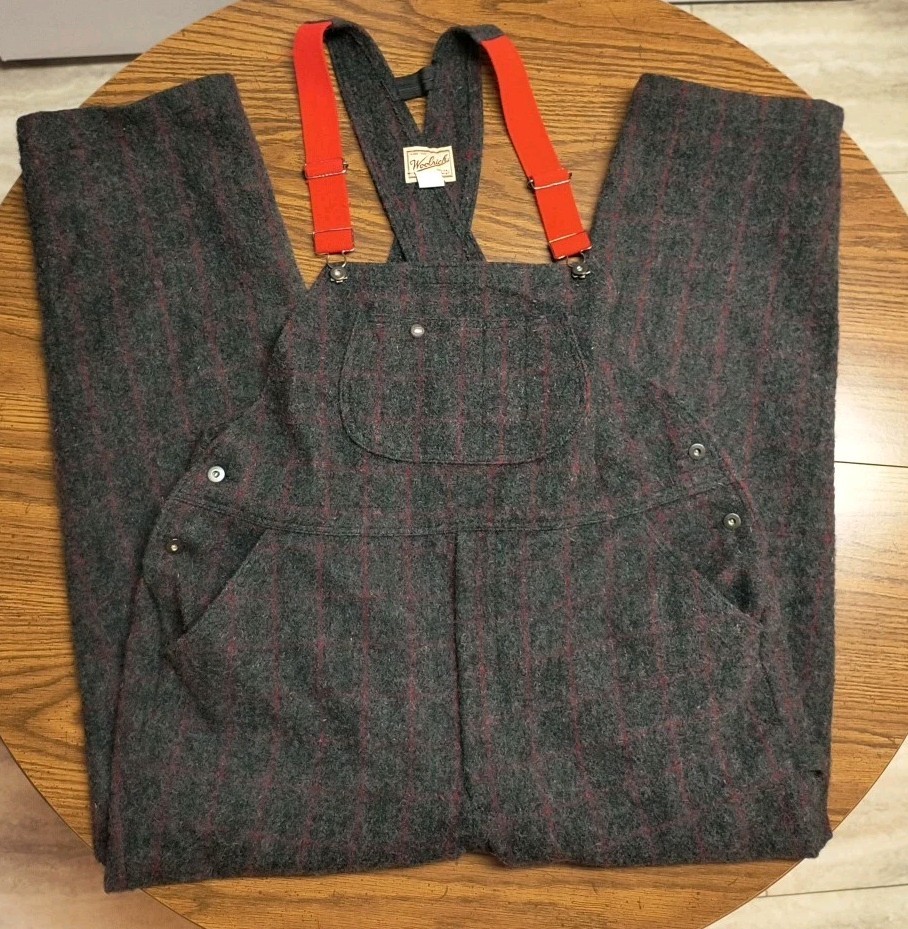 Woolrich Vintage 100% Wool Overalls Hunting Bibs Pants Mens XL(?) Gray Red Plaid