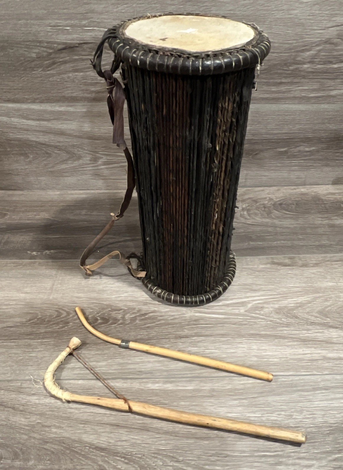 Antique African Talking Drum Drumstick Authentic Folk Art W/Drum Sticks