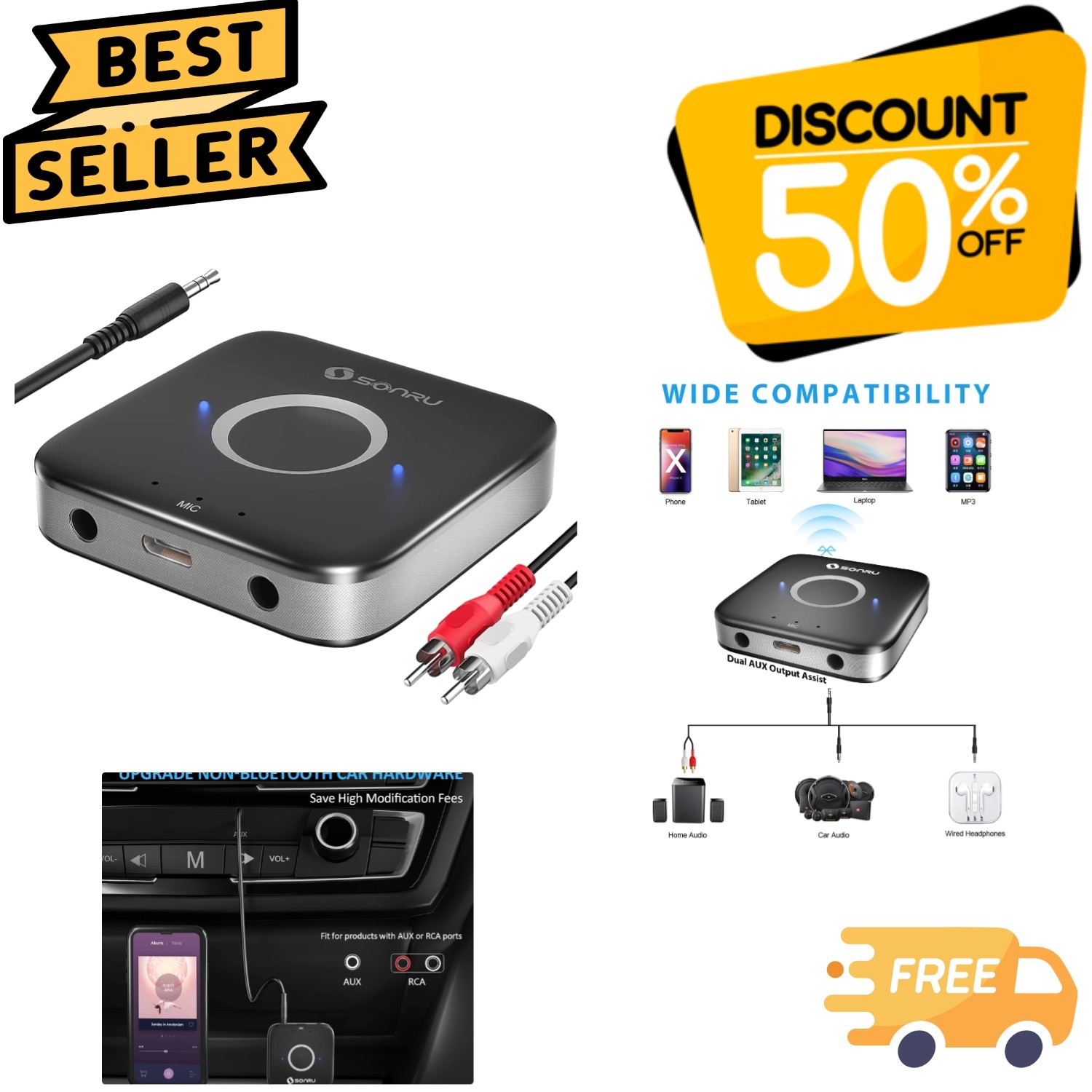 Wireless Bluetooth 5.3 Receiver for Hi-Fi Sound - Dual AUX & RCA Cables Included