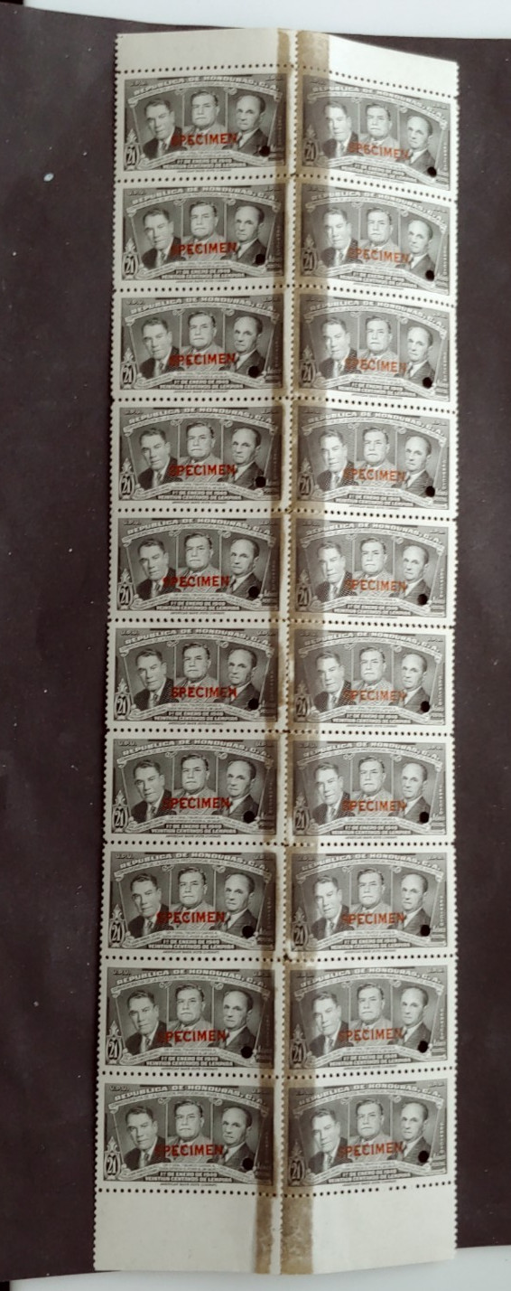 1949 SPECIMEN SURCHARGE SHEET TESTSSTAMPS LEMPIRA 20 STAMPS (K12)