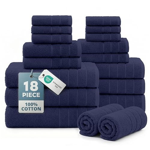  Luxury Cotton Bath Towel Set - 18 PCs - Low 18 Piece Towel Set 03: Navy Blue
