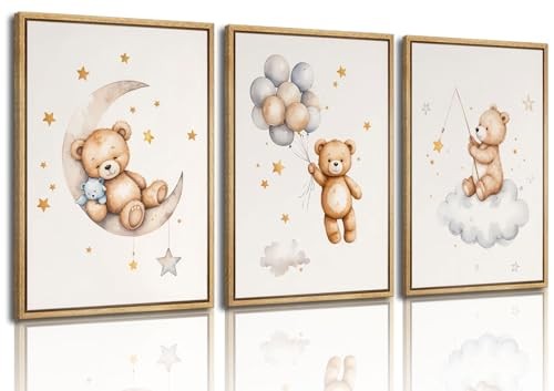 3Pcs Teddy Bear Nursery Wall Art Bear Sleeping on The Moon and 12x16in Poster