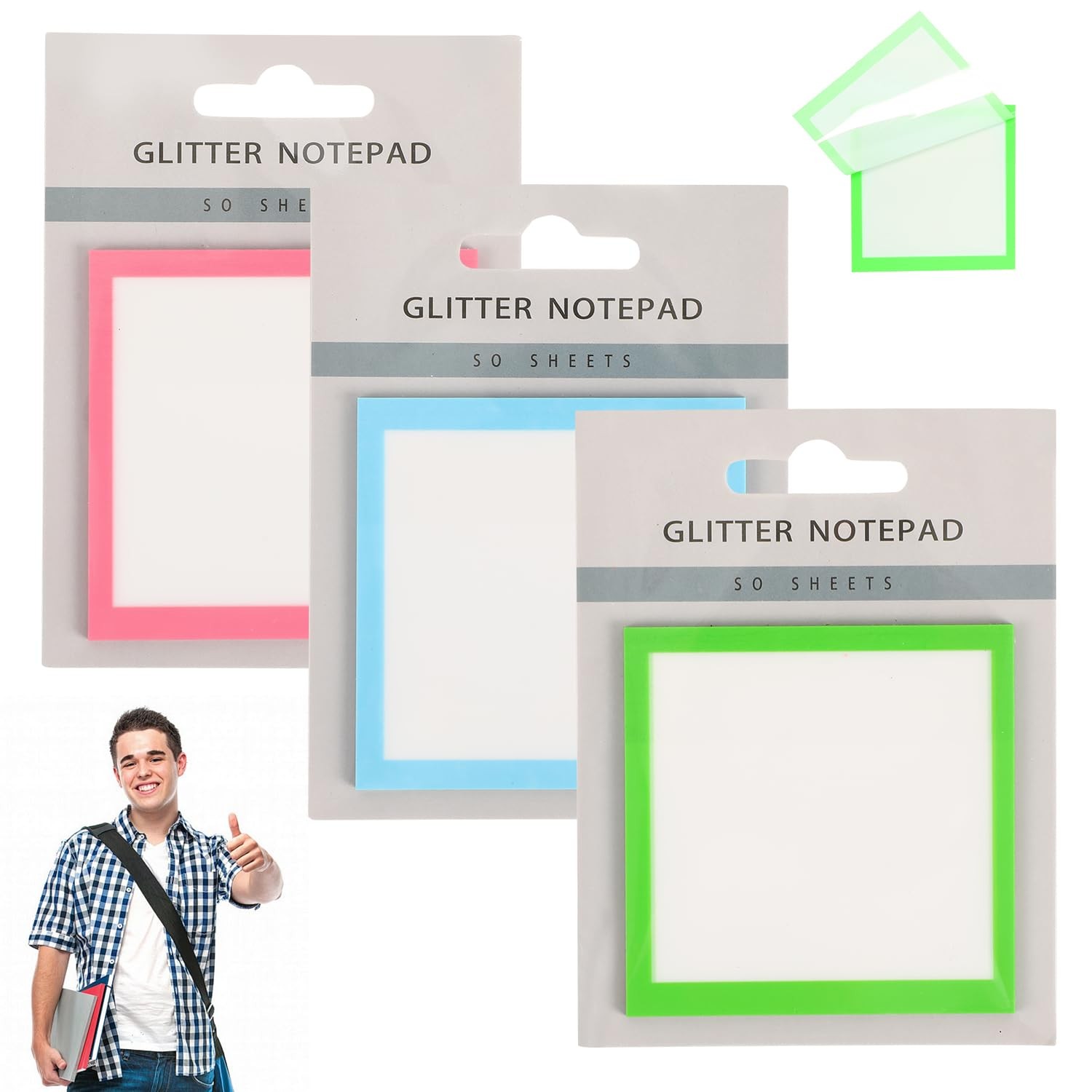 3PCS Glitter Sticky Notes, Clear Small, Multicolored (Pink, Blue, Green) 