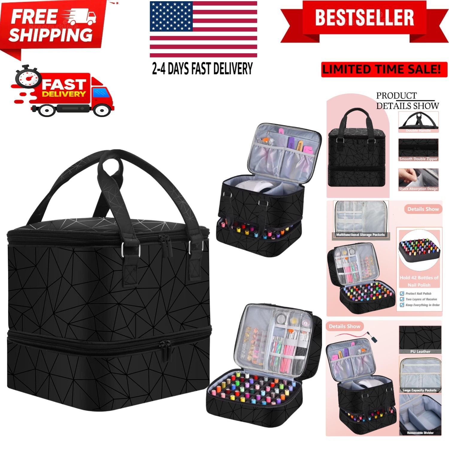 - Holds 42+ Bottles 15ml/0.5 fl.oz and 1 Nail Lamp, Upgraded Double-layer Nai...