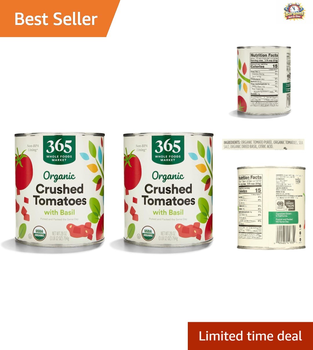 Fresh & Organic Crushed Tomatoes with Basil - 28oz Can, 2 Pack for Sauces