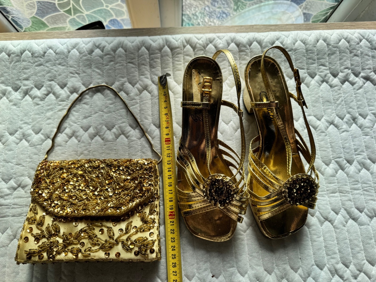 Vintage 1970s Gold Evening Set Beaded Clutch Bag & Matching Heels EU 37 Disco Gl