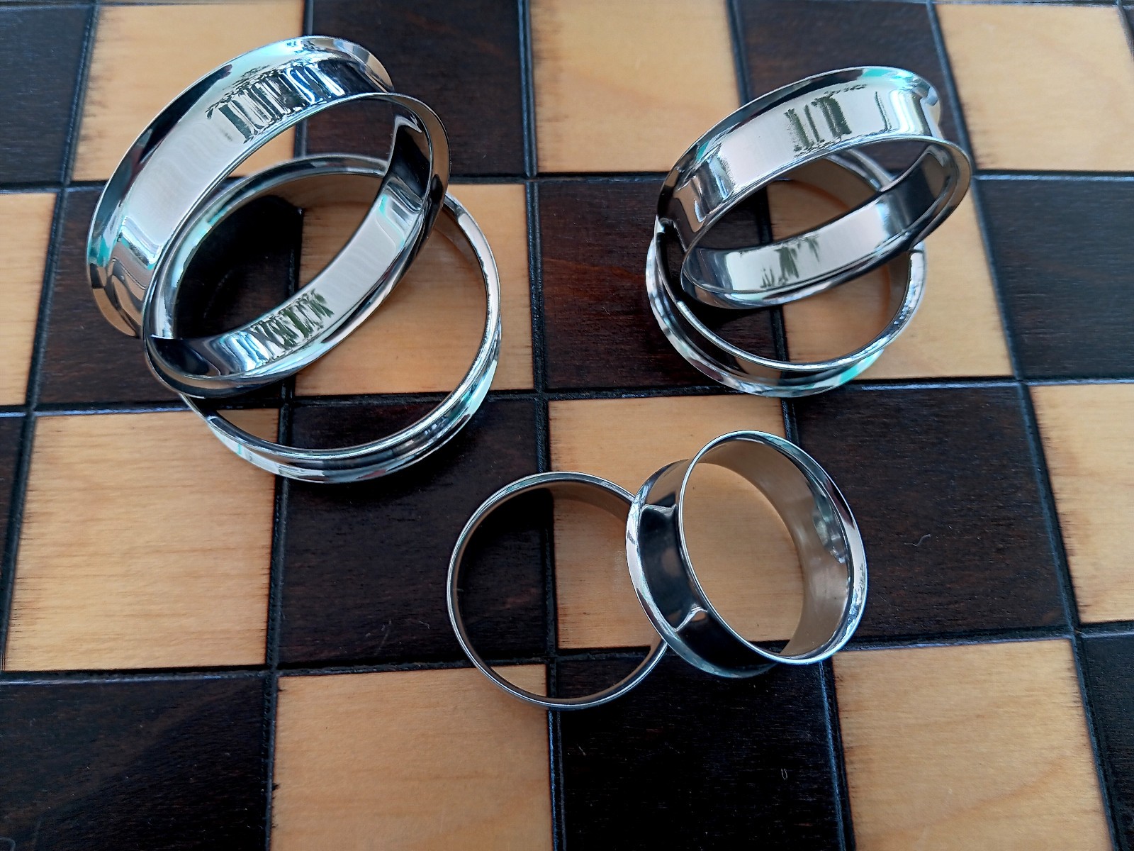 LARGE PAIR Ear Double Flare Flesh Tunnels Plugs Silver 316L Surgical Steel D-1