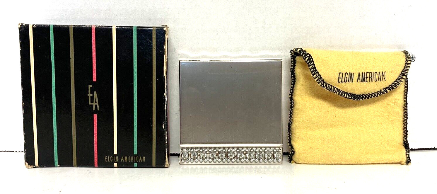 Vtg ELGIN AMERICAN Rhinestone Silver PowderCompact In Box
