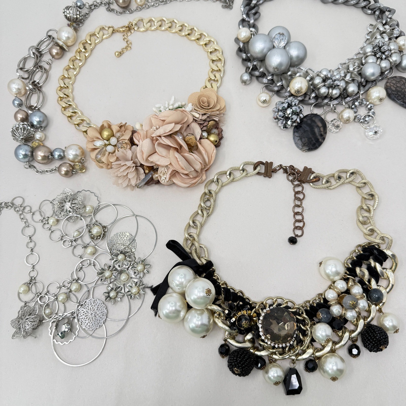 Chunky Beaded Necklace Lot 5 Pieces Statement Bib Flowers Faux Pearls