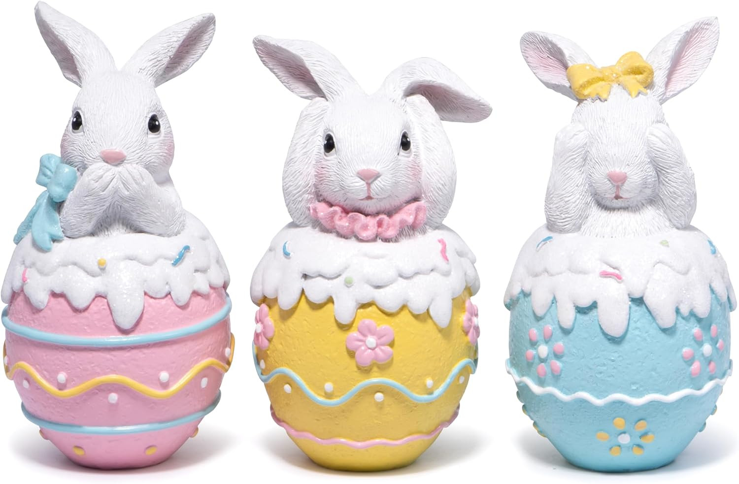 Easter Bunny Figurines Set of 3 – 5.3" Hand-Painted Resin Decorations with Paste