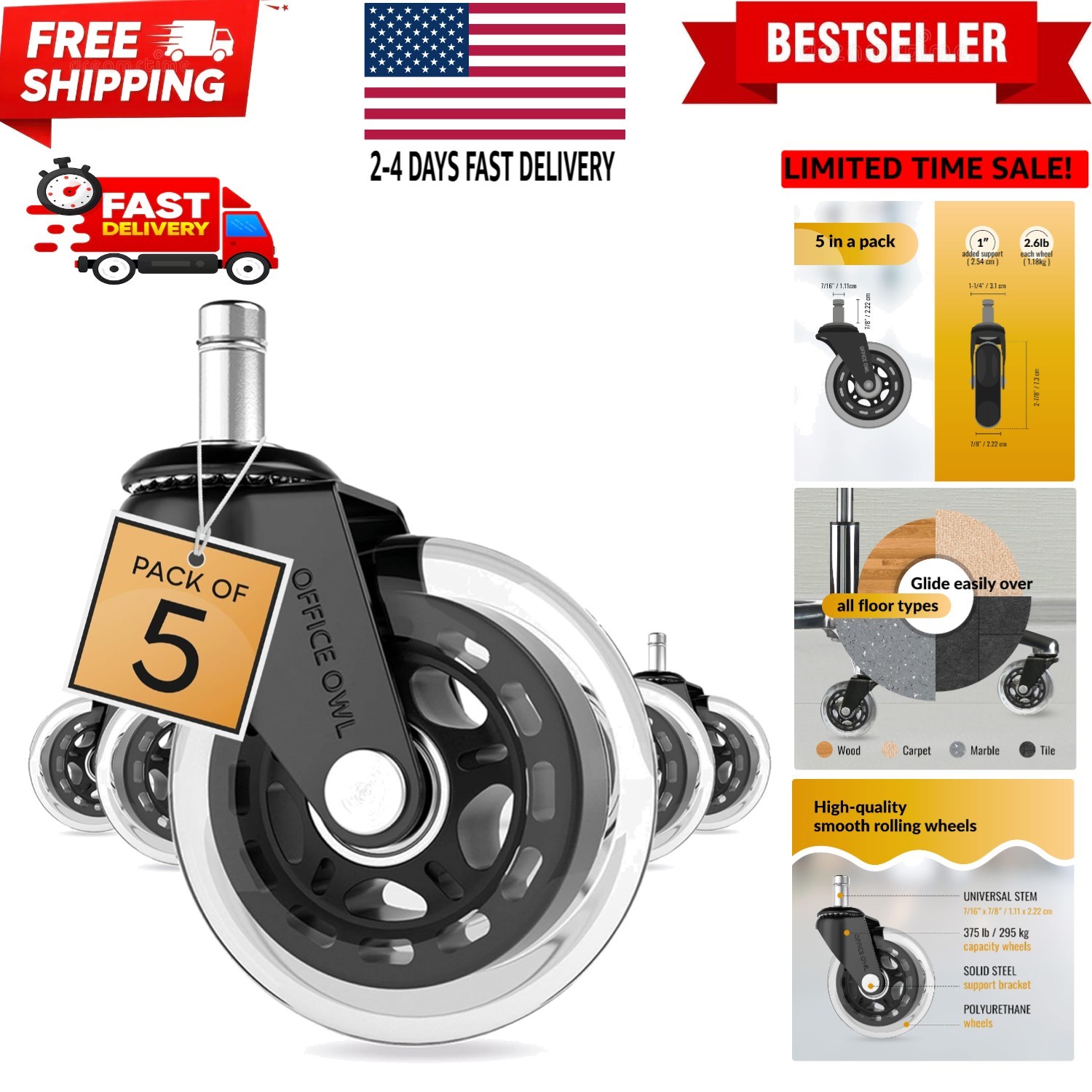 Rollerblade Office Chair Wheels, Set of 5 Replacement Casters for Desk and Ga...