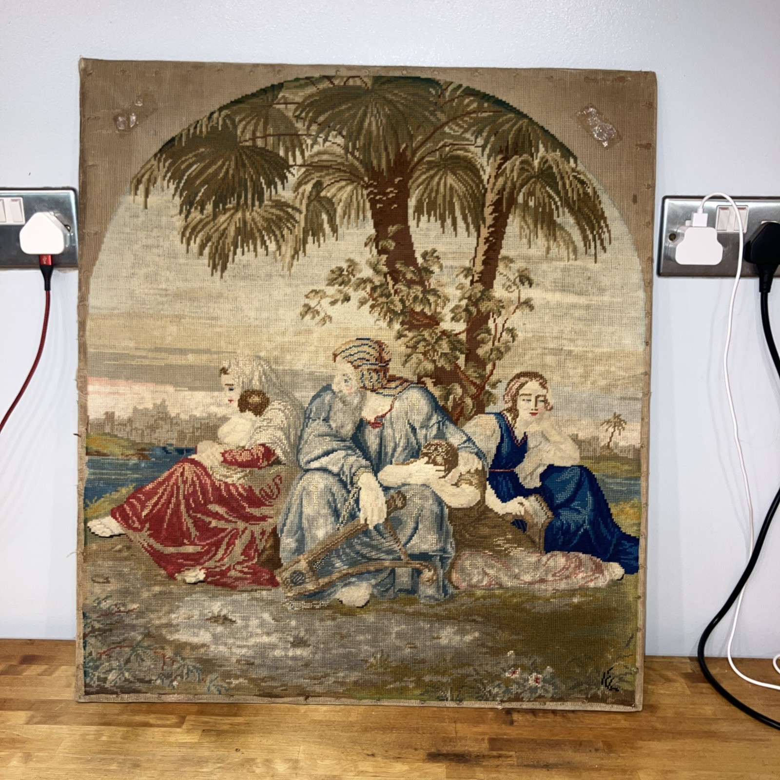 Gorgeous biblical Antique French Tapestry Wall Hanging Needlework needs frame
