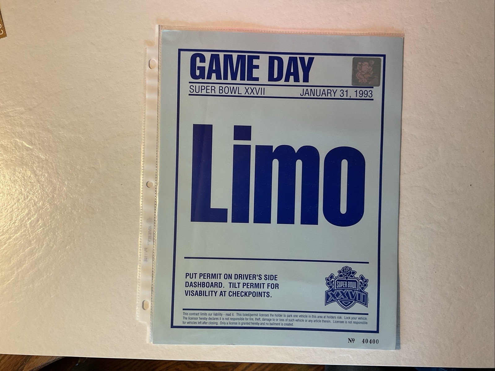 1993 Super Bowl Parking Pass, Vintage 