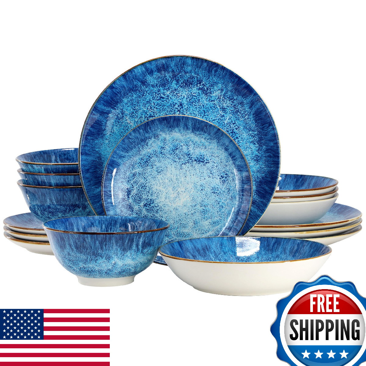 Elama Oceanus 16-Piece Porcelain Double Bowl Dinnerware Set - Blue, Service 4