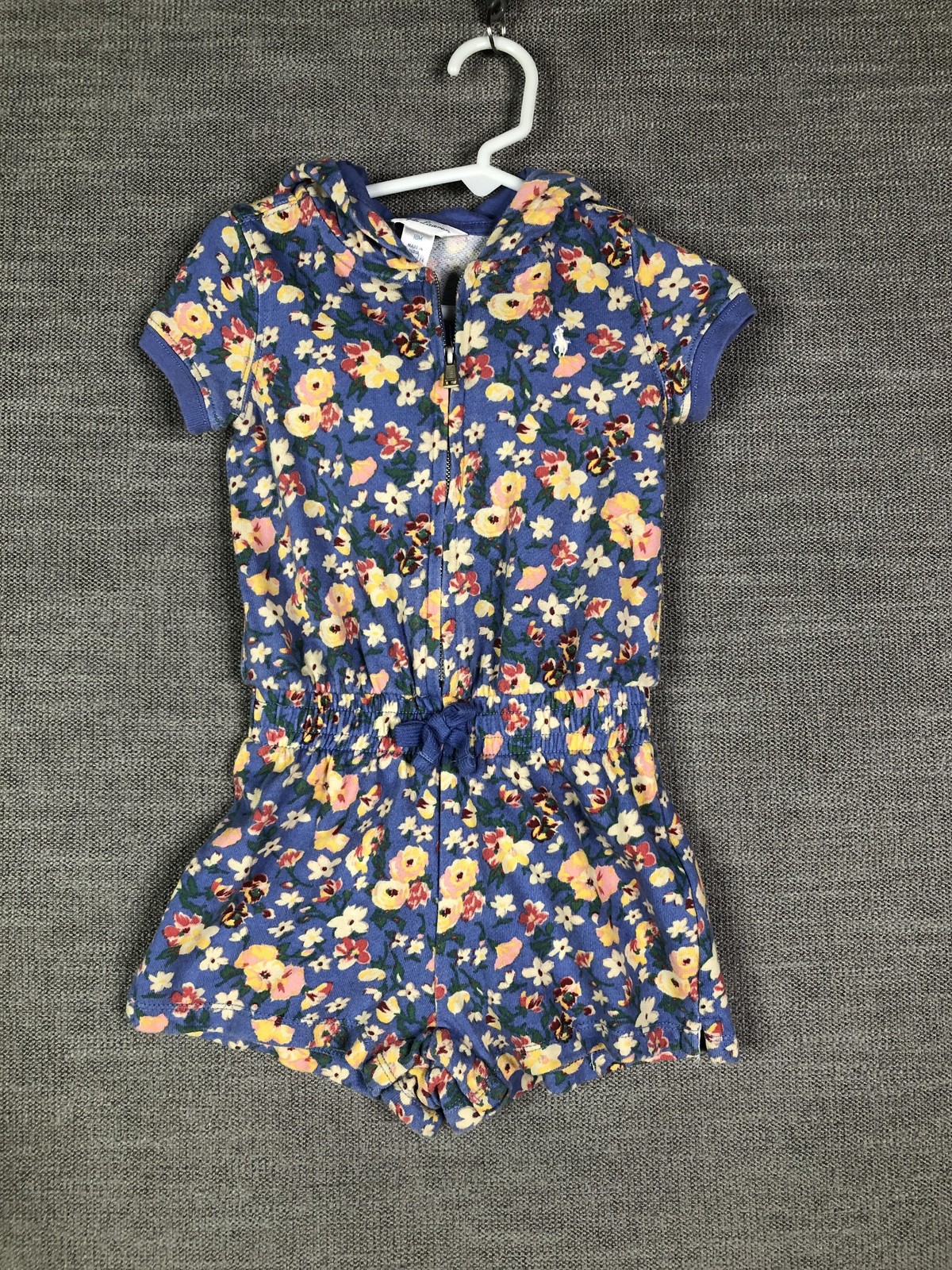 Ralph Lauren Romper Girls18M Blue Floral Zip Hoodie Short Sleeve Playsuit