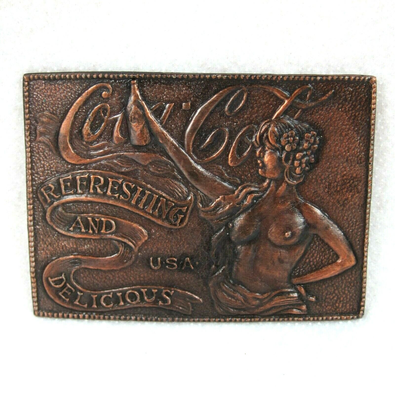 Vintage Coca Cola Metal Belt Buckle Pinup Nude Lady Refreshing & Delicious USA