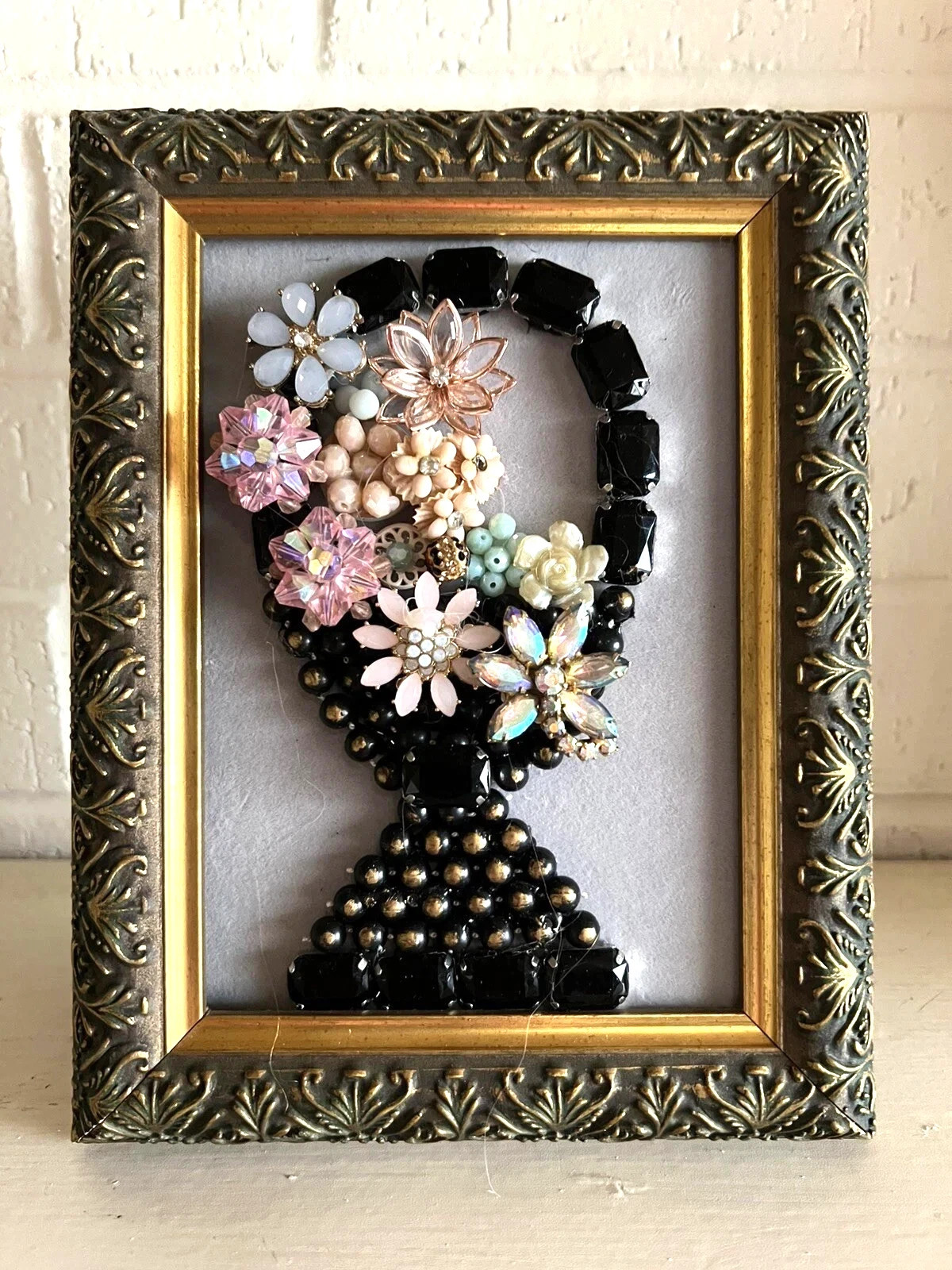 Vintage Contemporary jewelry art framed OOAK handmade shabby chic cottagecore