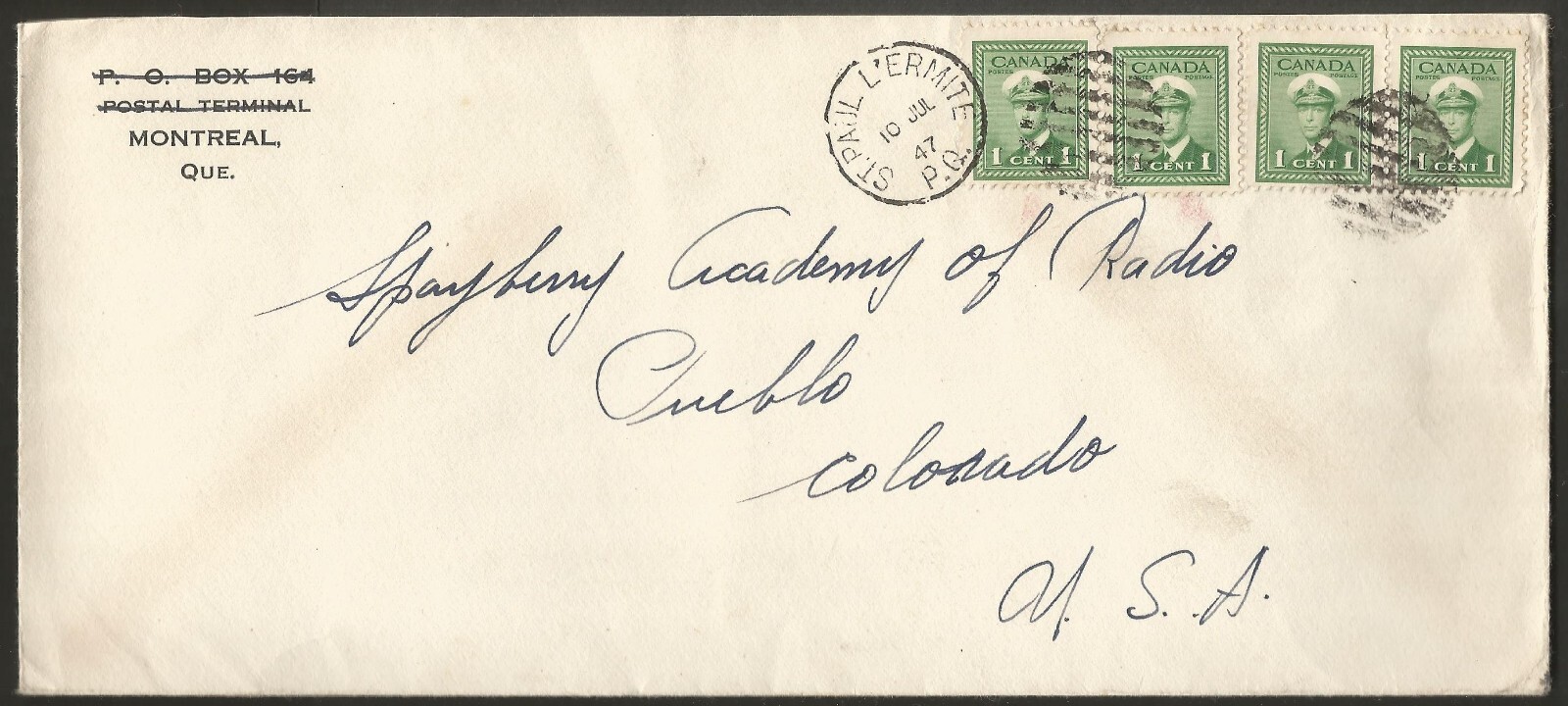 1947 Cover 4c War Multi CDS St Paul L'Ermite Quebec to USA