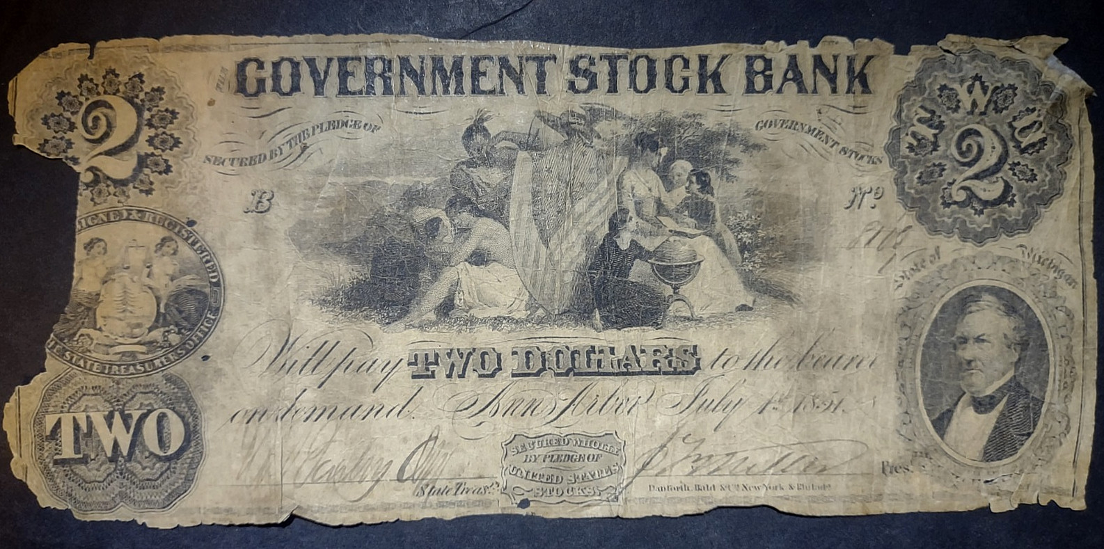 1855 2$ Obsolete Banknote Ann Arbor Michigan Mi-1406A-4-15