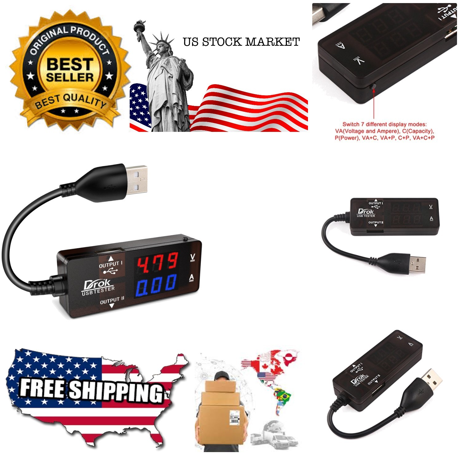 USB Tester, USB-A 2.0 Digital Multimeter Dual USB Output Ports PD QC 3.0 Colo...