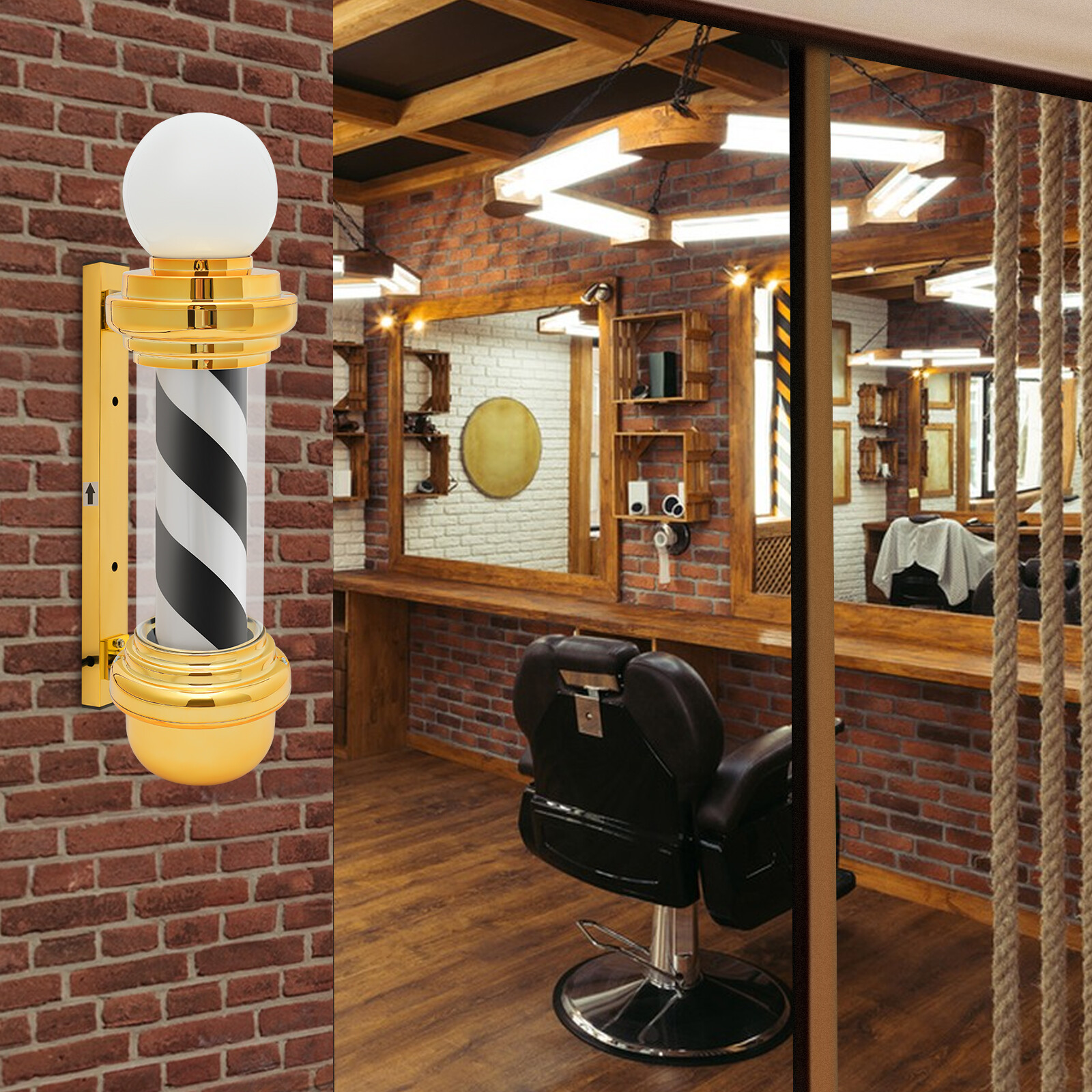Barber Pole Light,Black,White,Gold Rotating Hair Salon Open Sign,IP54 Waterproof