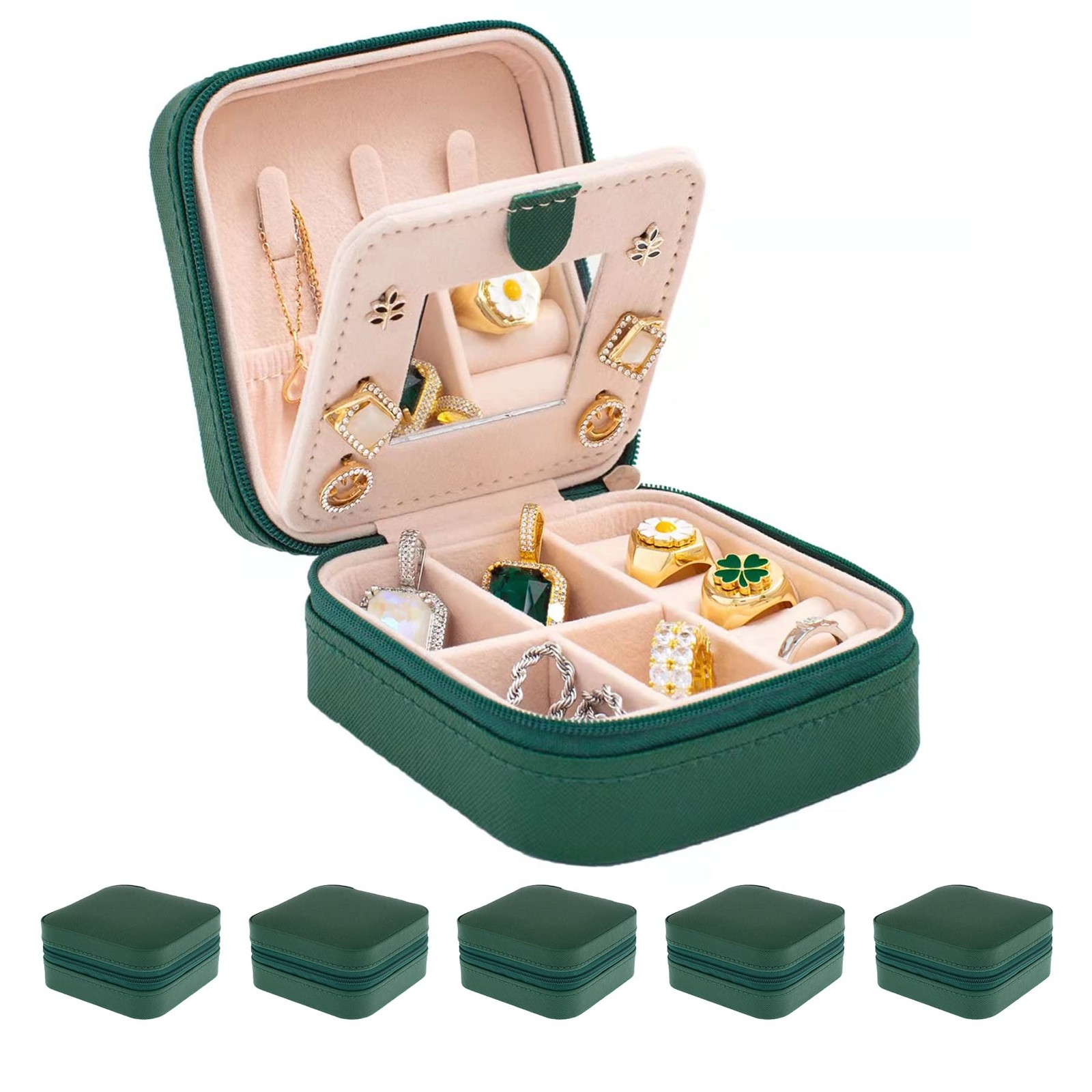 Travel Jewelry Case with Mirror - Small Organizer Box for Girls & Women (Gree...