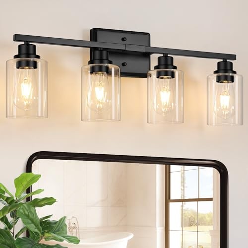 Black Bathroom Light Fixtures - Vanity Lights Over Mirror Wall - 4 Lights