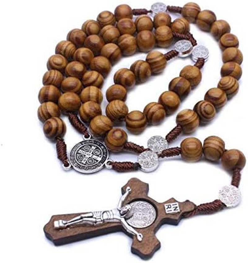Catholic Rosary Necklace Handmade Solid Wood Cross Necklace Religious Ornaments