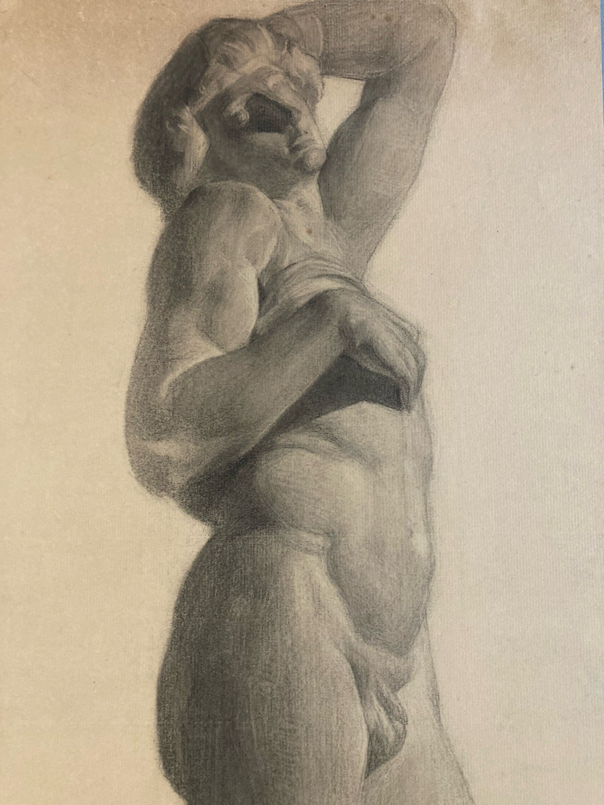 Large Beautiful Academic Drawing Art Pencil 1910 Man Nude Portrait Antique