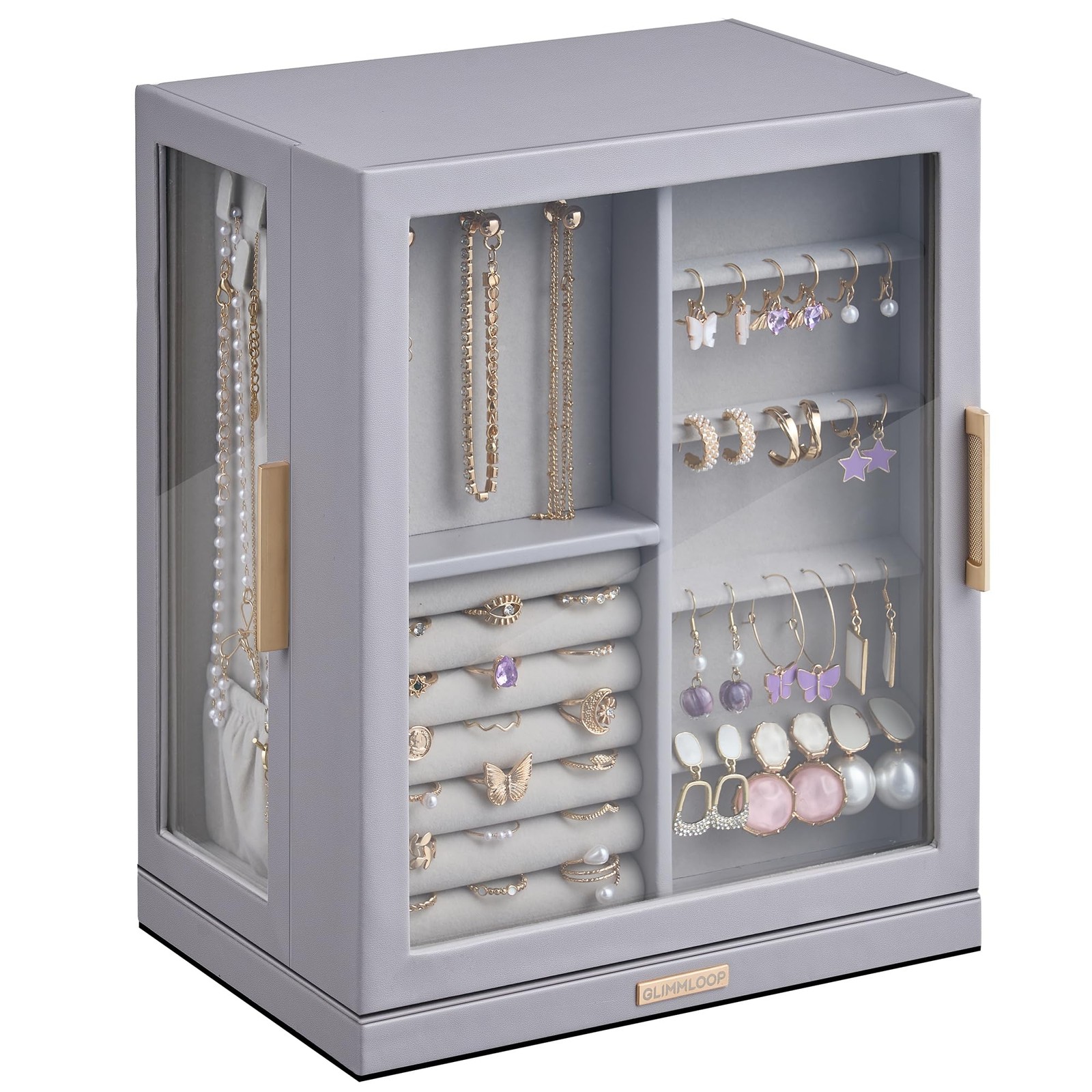 360° Rotating Jewelry Box, 5 Drawers, Grey PU Leather, Glass Window