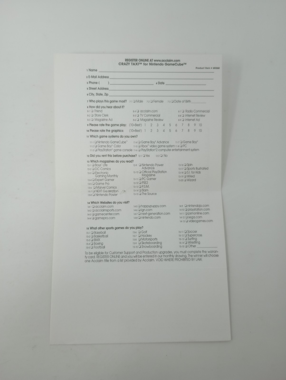 Crazy Taxi REG CARD ONLY (Nintendo GameCube) Registration 65268 