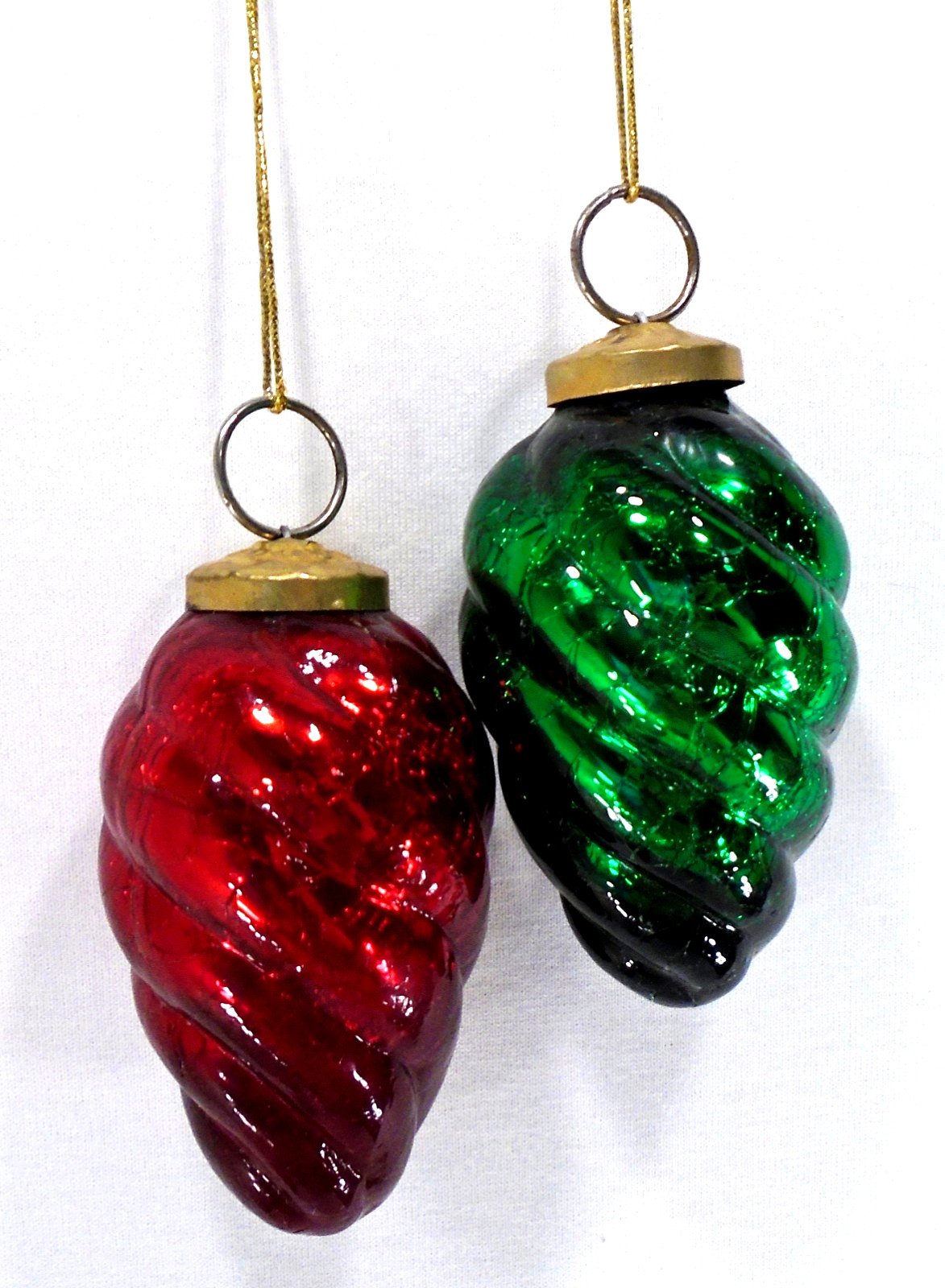 2 Heavy Crackle Glass Metal Cap Twist Swirl Pinecone Christmas Ornaments 4"