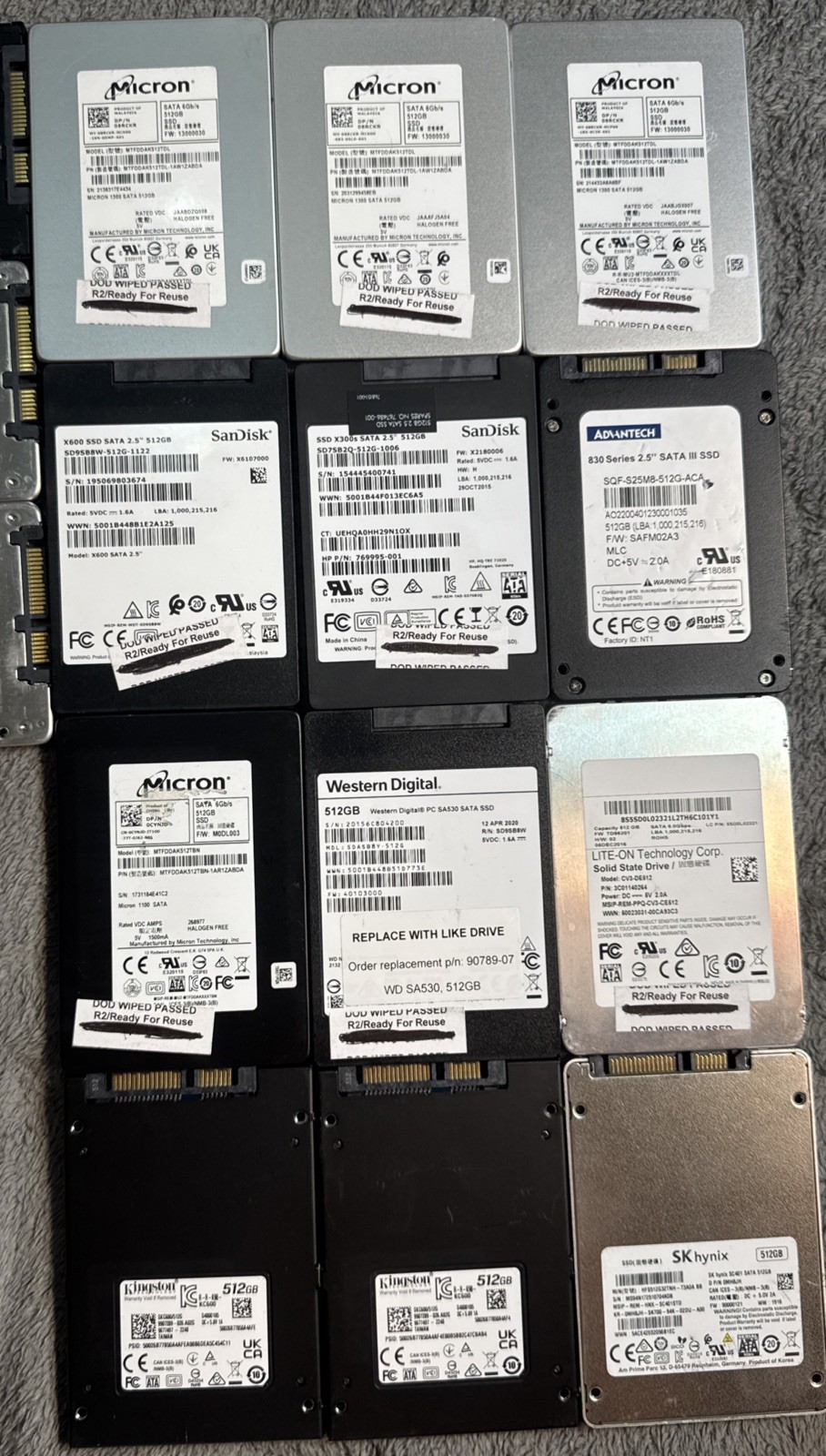 Lot of 21 Mixed Brands Micron 1300 2.5" 512GB SATA SSD MTFDDAK512TDL Dell 8RCKR